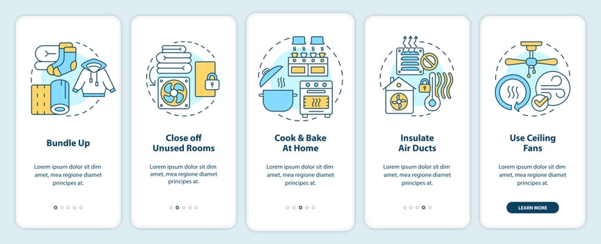 Save on heat energy bills in winter onboarding mobile app screen. Walkthrough 5 steps editable graphic instructions with linear concepts. UI, UX, GUI template vector