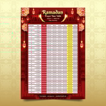 Prayer Time Table Template in Ramadan with Red and Gold Background vector