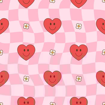 Vintage groovy vector background with heart and flowers. Retro hippie style, 60s, 70s, 80s