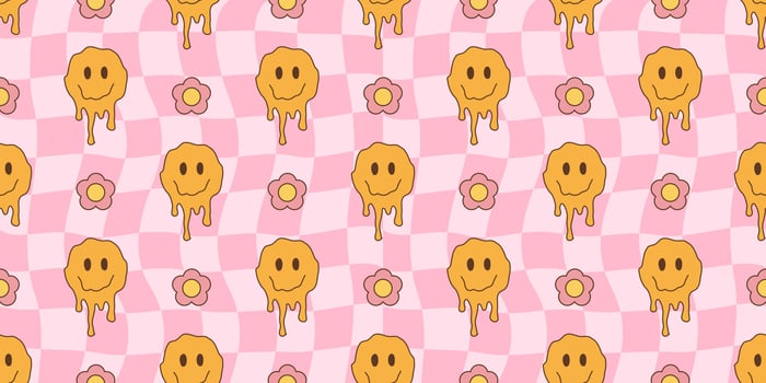Melted smiley faces and flowers, groovy seamless pattern. Retro hippie psychedelic style vector wallpaper in 60s, 70s, 80s
