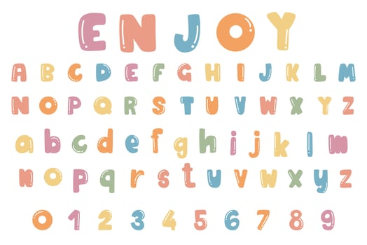 Alphabet letters and numbers cute design, uppercase, lowercase vector and illustration