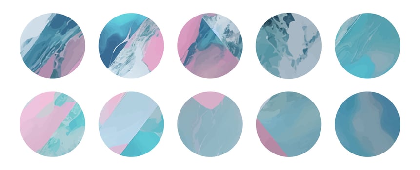 Set of abstract round stickers with blue and pink marble textures. Collection aesthetic ig highlight stories covers backgrounds. Artificial marbling decor. Design for beauty shop, makeup, cosmetics vector