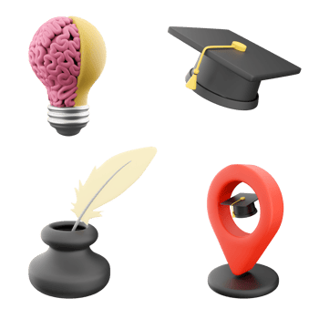 3d rendering a light bulb with a brain in one part and a light in the other, academic cap, feather with inkwell, location of the educational institution icon set. 3d render education concept icon set. png