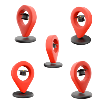 3d rendering map pointer with education hat icon set. 3d render destination of a university or other educational institution different positions icon set. png