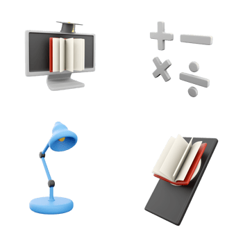 3d rendering pc monitor with open book, add, subtract, multiply, divide signs, desk lamp and telephone with open book icon set. 3d render education concept icon set. png