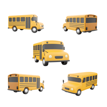 3d rendering yellow school bus icon set. 3d render bus for children to school different positions icon set. png