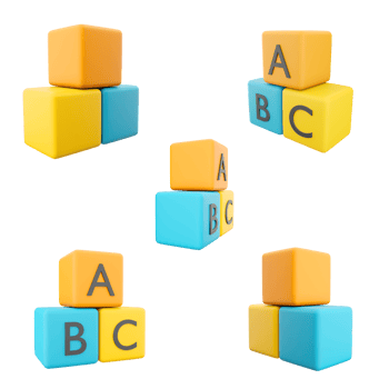 3d rendering A B C blocks connecting jigsaw puzzle icon set. 3d render baby kid intelligence development different positions icon set. png