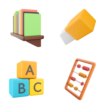 3d rendering bookshelf with books, eraser, A B C blocks and abacus icon set. 3d render education concept icon set. png