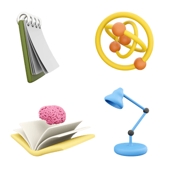 3d rendering notepad, atom model with neutron, nucleus, electron and proton, open book with a brain inside and desk lamp icon set. 3d rendering science, education concept icon set. png