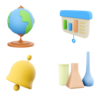 3d rendering globe model, presentation board with histogram, bell and chemical flasks icon set. 3d render science and education concept icon set. png