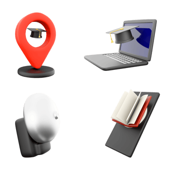 3d rendering study location marker, laptop with academic cap, school bell and phone with book icon set. 3d render education concept icon set. png