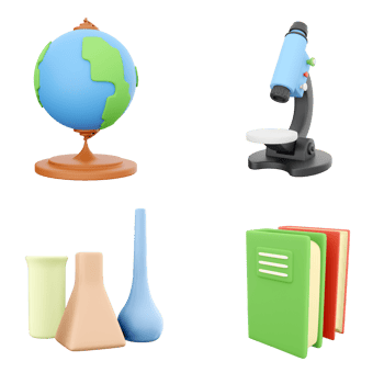 3d rendering globe, mainland, microscope, chemical flasks and green with red book icon set. 3d render science, education concept icon set. png