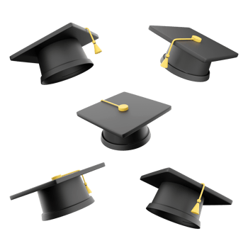 3d rendering university graduation cap icon set. 3d render headgear adjacent to a square horizontal plank different positions icon set. png