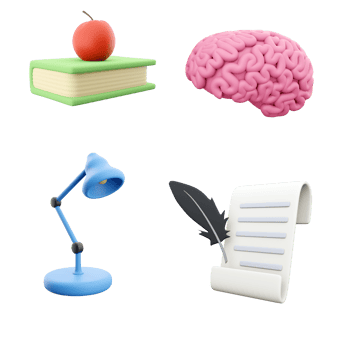 3d rendering book with an apple, human brain, table lamp and leaf with a feather icon set. 3d render education concept icon set. png