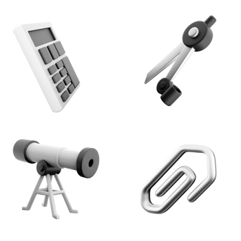 3d rendering calculator, drawing compass, telescopic and paper clip icon set. 3d render education concept icon set. png