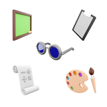 3d rendering school board with chalk, glasses, notepad, math signs on a sheet and a palette with a brush icon set. 3d render education concept icon set. png