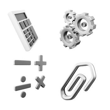 3d rendering calculator, three gears, add, subtract, multiply, divide signs and paper clip icon set. 3d render education concept icon set. png