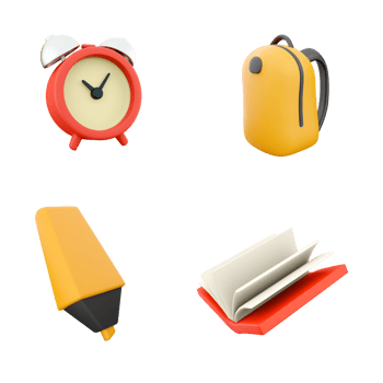 3d rendering alarn clock, school bag, yellow marker and open book icon set. 3d render education concept icon set. png