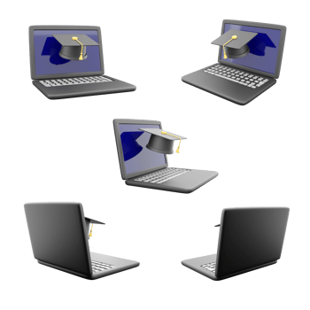 3d rendering notebook with graduation cap icon set. 3d render laptop and cap different positions icon set. png