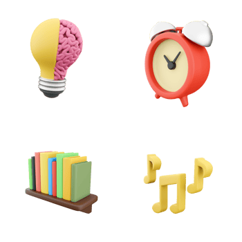 3d rendering light bulb with brain, alarm clock, bookshelf with books, music notes icon set. 3d render education concept icon set. png