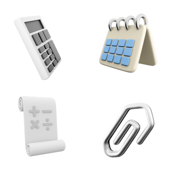 3d rendering calculator, calendar, add, subtract, multiply, divide signs on paper and clip icon set. 3d render education concept icon set. png