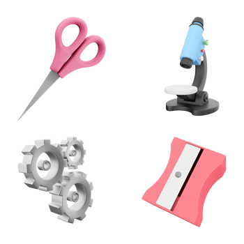 3d rendering scissors, microscope, three gears and sharpener icon set. 3d render education concept icon set. png