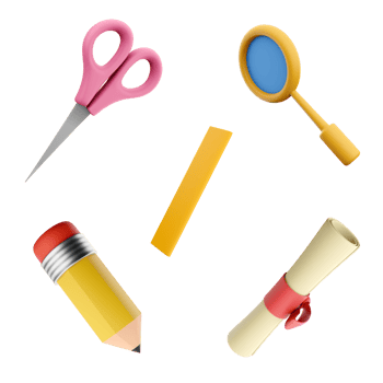 3d rendering scissors, magnifier, ruler, pencil with an eraser at the end and diploma icon set. 3d render education concept icon set. png
