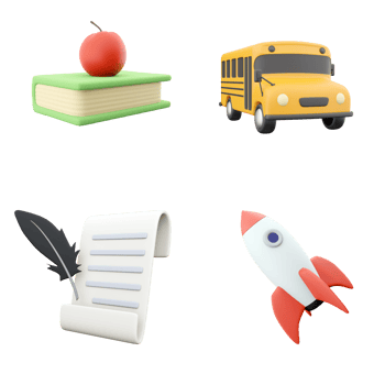 3d rendering book with apple, school bus, feather with papet and rocket model icon set. 3d render elements of study icon set. png