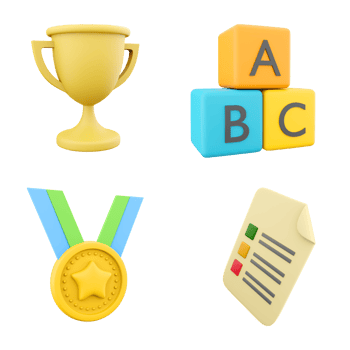 3D rendering golden cup, A B C blocks, first place medal with star and answer paper icon set. 3d render competitions and development icon set. png