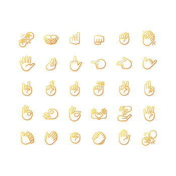 Hand gestures pixel perfect gradient linear vector icons set. Body language. Communication signals. Thin line contour symbol designs bundle. Isolated outline illustrations collection