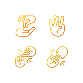 Using gestures for communication pixel perfect gradient linear vector icons set. Interaction process. Hands position. Thin line contour symbol designs bundle. Isolated outline illustrations collection