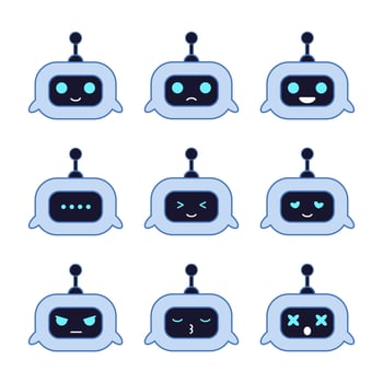 Chatbot avatar. Computer chat bots with emotions. Robots digital assistant advisor talker face with antenna bot vector isolated icon set