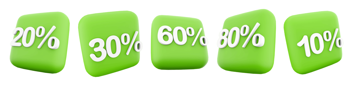 3d rendering 10, 20, 30, 60, 80 percent icon set. 3d render sale on a certain category of goods icon set. 10. 20. 30. 60. 80 percent. png