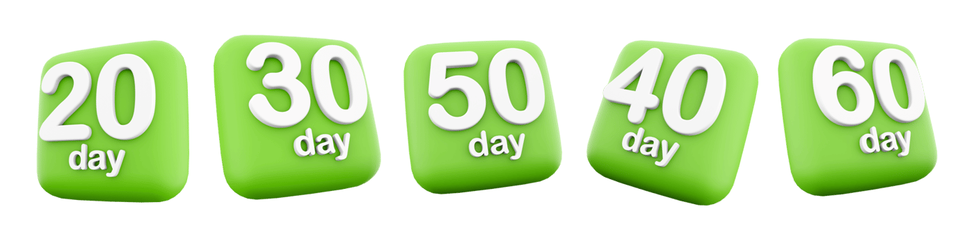 3d rendering twenty, thirty, fourty, fifty, sixty day icon set. 3d render number of days left to go countdown for sale icon set. png