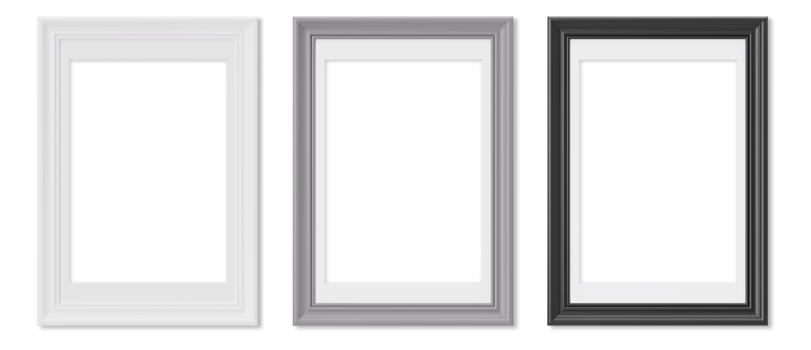 Set of vertical picture frames on transparent background, as png. White, gray and black frames with passepartout. Template, mock up for your picture, poster, artwork presentation. 3d render. png