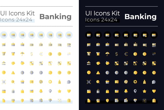 Banking flat gradient color ui icons set for dark, light mode. Money transactions and operations. Vector isolated RGB pictograms. GUI, UX design for web, mobile