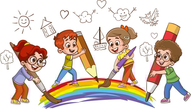 vector illustration of cute kids painting together