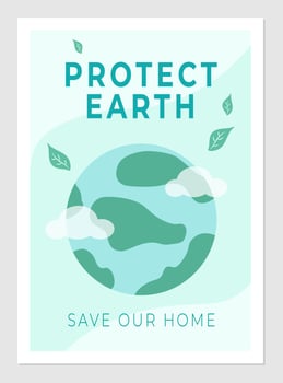Ecology poster. Protect Earth, save our home. Vector illustration of planet with transparent clouds. Banner and text design for environmental protection.