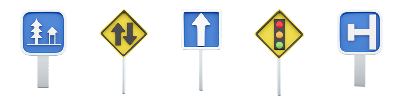 3d rendering One way, two way, resting place, dead end on the left, traffic light regulation road sign icon set. 3d render road sign concept icon set. png