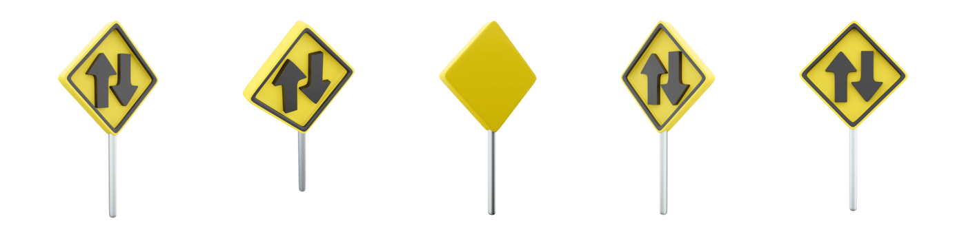 3d rendering two way traffic road sing different positions icon set. 3d render road sign concept icon set. Two way traffic. png