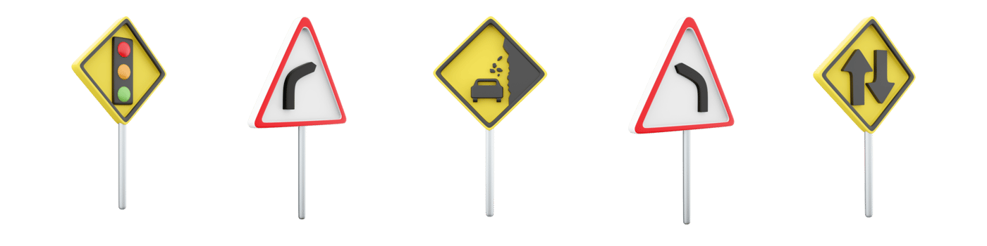 3d rendering Falling stones, Traffic light regulation, two way traffic, Dangerous left and right turn road sign icon set. 3d render road sign concept icon set. png
