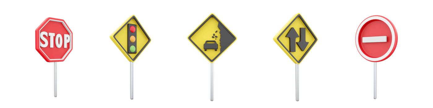 3d rendering No entry, Movement without stopping is prohibited, Traffic light regulation, Falling stones, two way traffic road sign icon set. 3d render road sign concept icon set. png