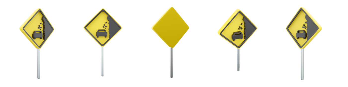 3d rendering Falling stones road sign different positions icon set. 3d render road sign concept icon set. Falling stones. png