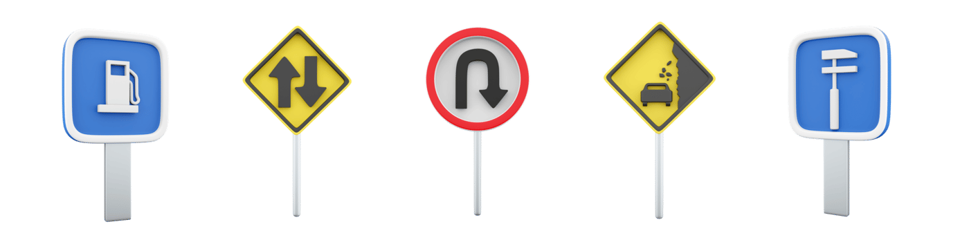 3d rendering Car maintenance, gas station, U-Turn, Falling stones, two way traffic road sign icon set. 3d render road sign concept icon set. png