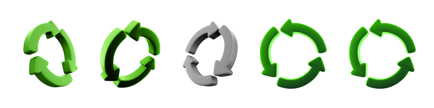 3d rendering Recycling icon set. 3d render tiangle made of green arrows different positionc icon set. Recycle. png