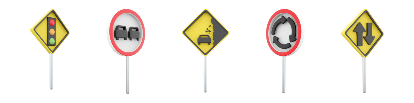 3d rendering no overtaking, Falling stones, Traffic light regulation, two way traffic, Roundabout road sign icon set. 3d render road sign concept icon set. png