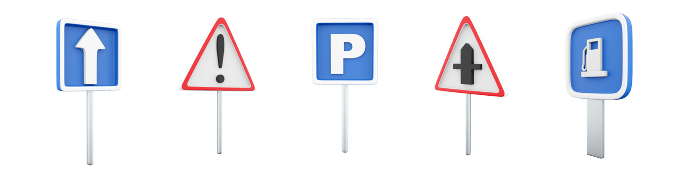 3d rendering one way, Other hazards, Parking place, secondary road intersection, gas station road sign icon set. 3d render road sign concept icon set. png