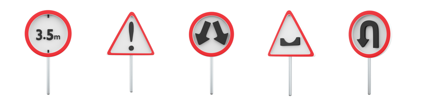 3d rendering height limit of 3.5 meters, Other hazards, go around the obstacle, U-Turn, hole in the road sign icon set. 3d render road sign concept icon set. png