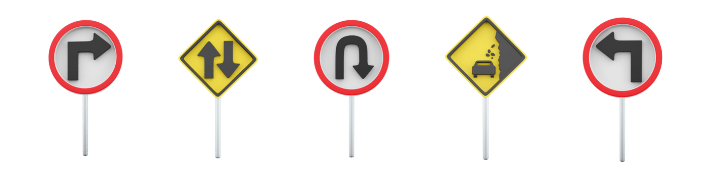 3d rendering Turn left, Turn right, U-Turn, Falling stones, two way traffic road sign icon set. 3d render road sign concept icon set. png