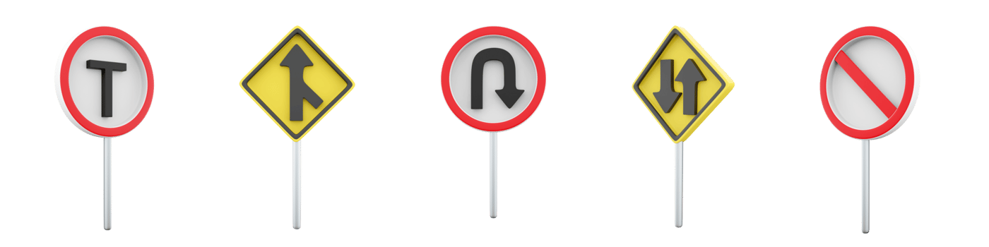 3d rendering No parking, U-Turn, Minor road junction, T traffic Transport, two way traffic road sign icon set. 3d render road sign concept icon set. png